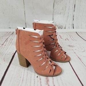 Pink Lace Up Block Heel Booties